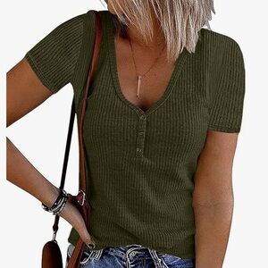 Olive Green Ribbed V-Neck Top